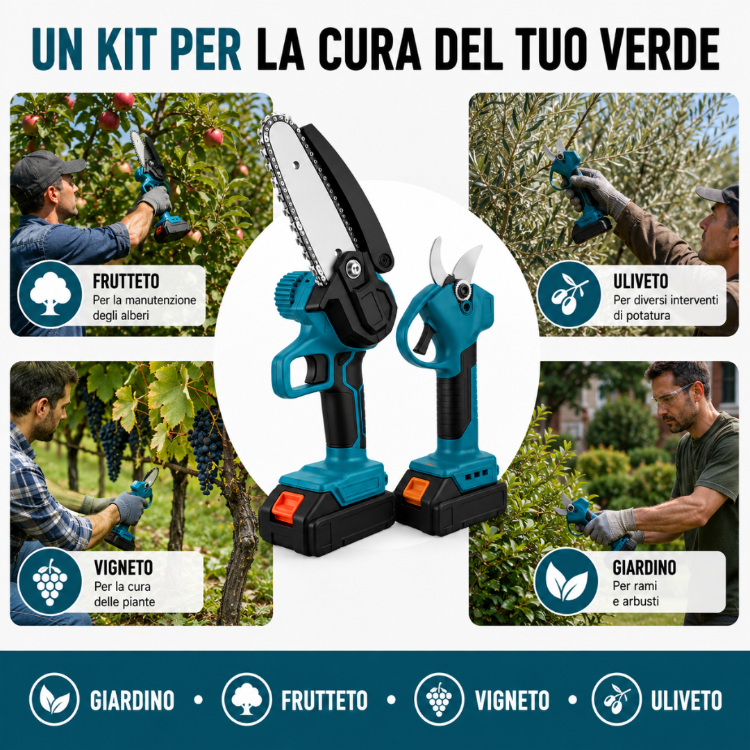 Forbici da Potatura a Batteria + Mini Motosega Elettrica con 2 Batterie 48v.