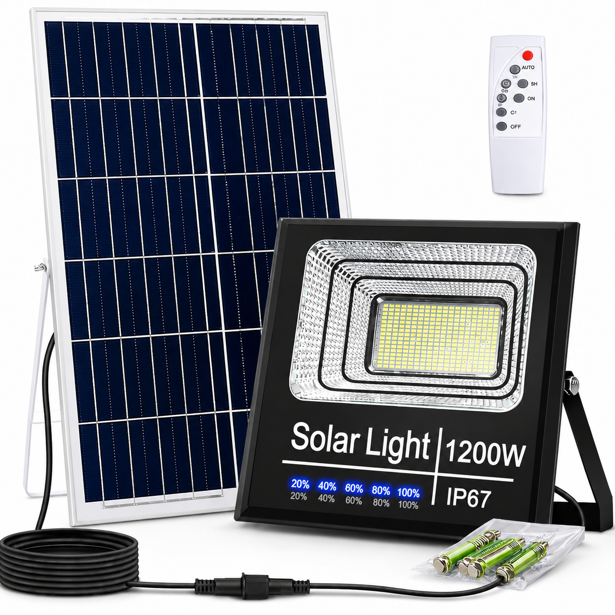Faro Solare LED 1200W Ultra Potente con Pannello Solare, Telecomando e Sensore Crepuscolare IP67 da Esterno.