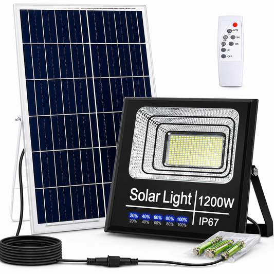Faro Solare LED 1200W Ultra Potente con Pannello Solare, Telecomando e Sensore Crepuscolare IP67 da Esterno.