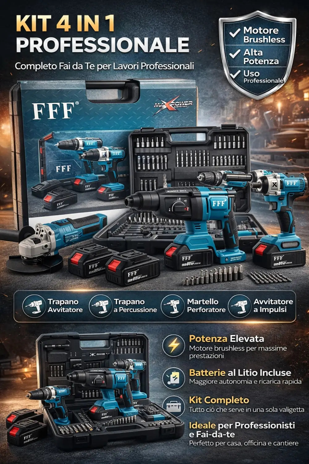 Kit Completo Professionale Fai da Te 4 in 1 con Trapano Avvitatore a Batteria Trapano a Percussione Trapano a Martello