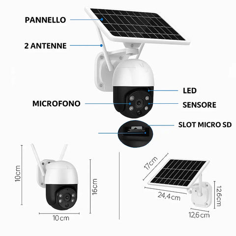 Telecamera Wifi Esterno Senza Fili con Pannello Solare Videosorveglianza con Visione Notturna a Colori Telecamera 2K