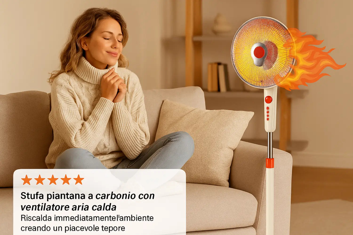 Stufa Piantana a Carbonio Ventilatore Aria Calda Oscillante 90° Riscaldamento Rapido 500W/1000W Sicura Antiribaltamento