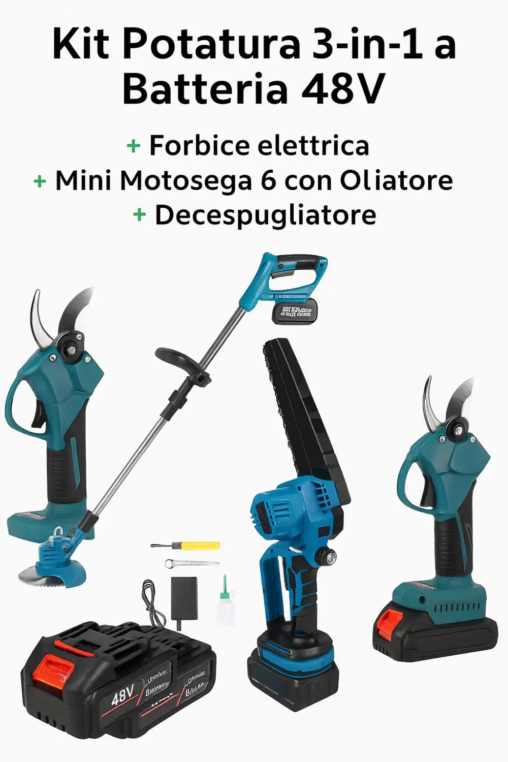 Kit Potatura 3 in 1 a Batteria 48V con 2 Batterie Forbice Elettrica + Mini Motosega 6 con Oliatore + Decespugliatore