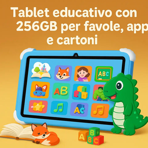 Tablet per Bambini 7″ - Perfetto per Giochi e Navigazione Consapevole – WiFi 256GB Fotocamera 5MP + Custodia Antiurto
