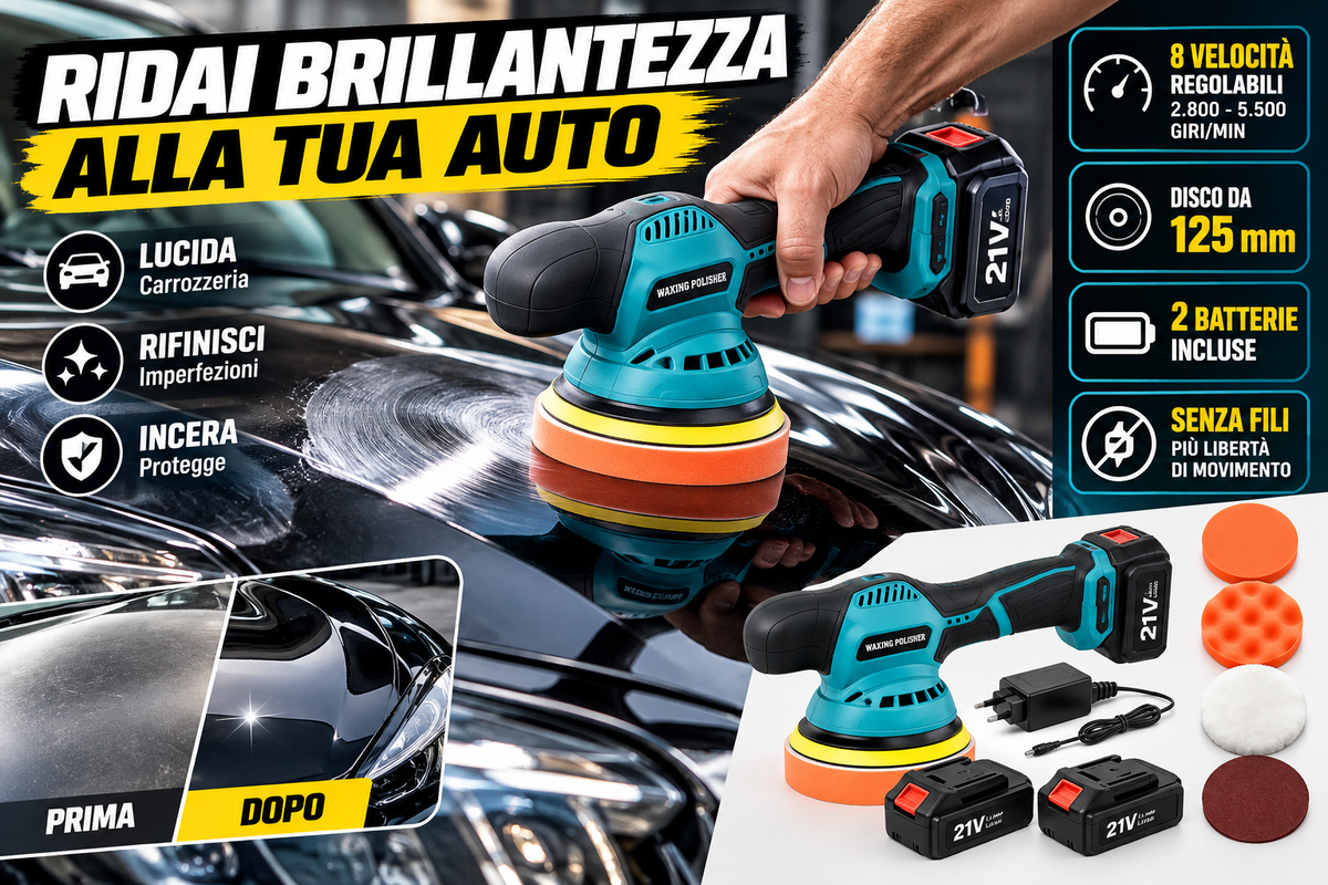 Lucidatrice Auto Orbitale, Kit Professionale con 2 Batterie, Spugna da 125 mm, 8 Velocità Regolabili