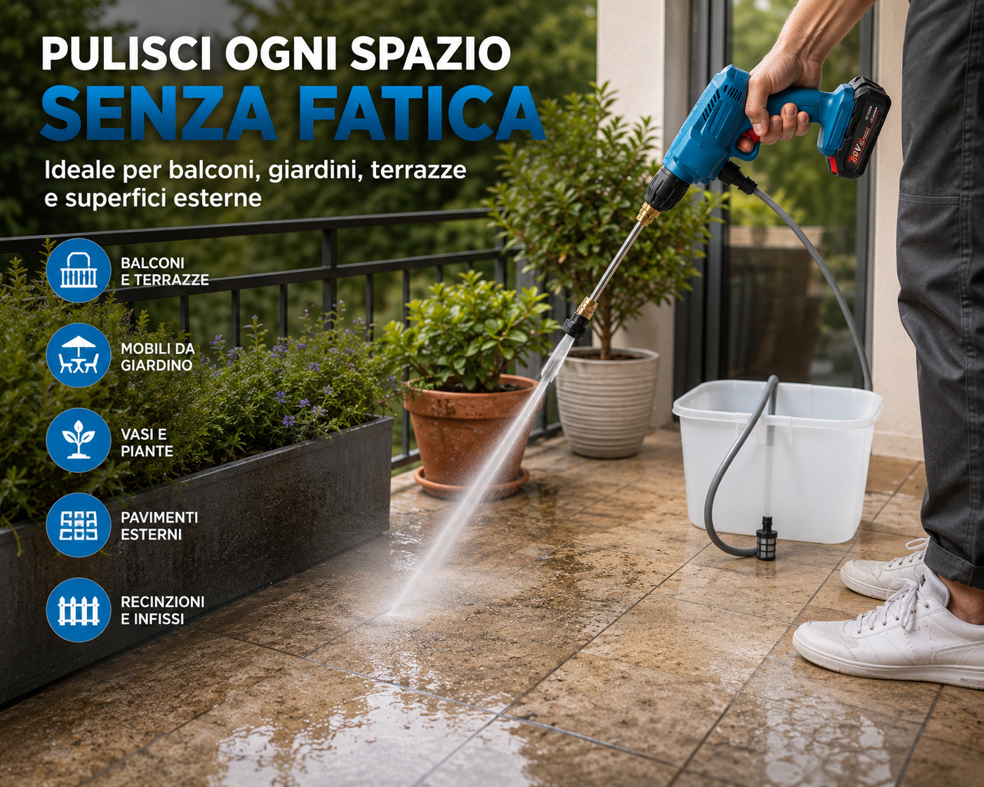 Idropulitrice Portatile a Batteria con 2 Batterie, Tubo da 5 Metri e Ugelli, Aspira Acqua dal Secchio.