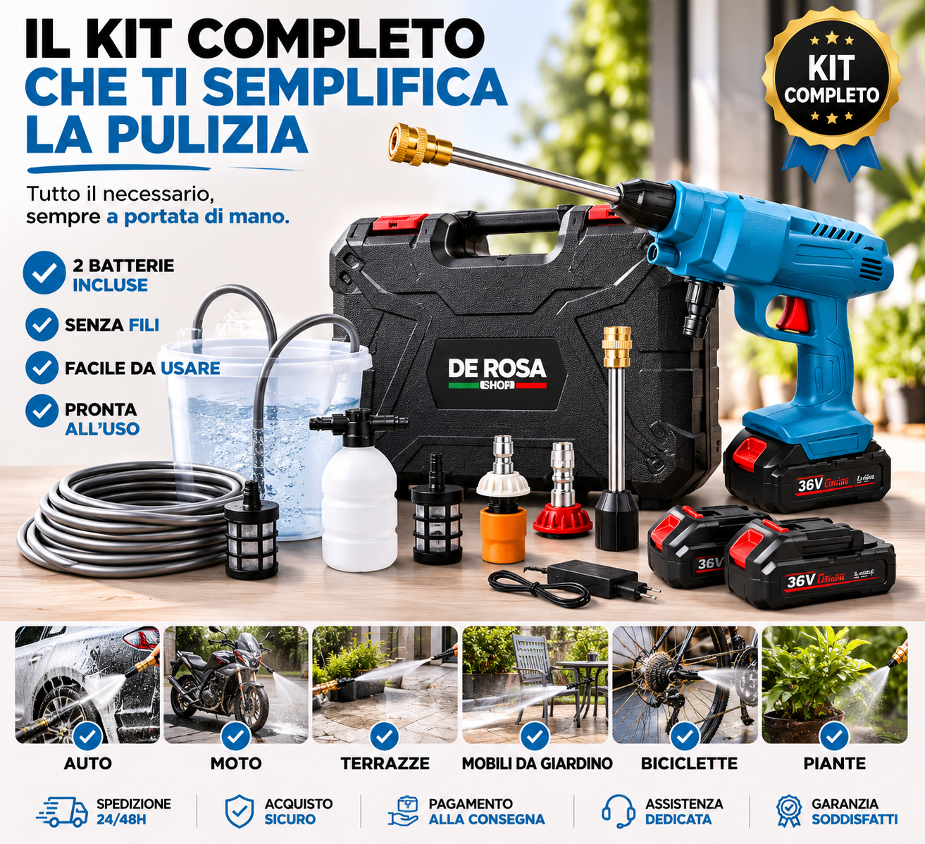 Idropulitrice Portatile a Batteria con 2 Batterie, Tubo da 5 Metri e Ugelli, Aspira Acqua dal Secchio.