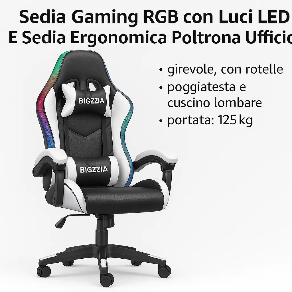 Sedia da Gaming RGB con Luci LED Poltrona Ufficio Ergonomica Girevole con Rotelle Poggiatesta e Cuscino Lombare