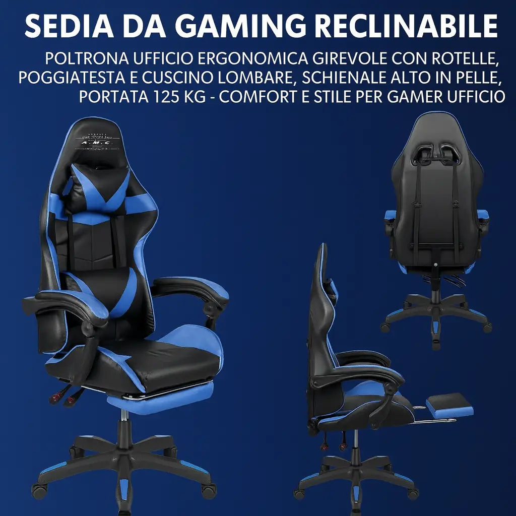 Sedia Gaming Reclinabile Ergonomica Poltrona Girevole da Ufficio con Rotelle Poggiatesta e Supporto Lombare Schienale