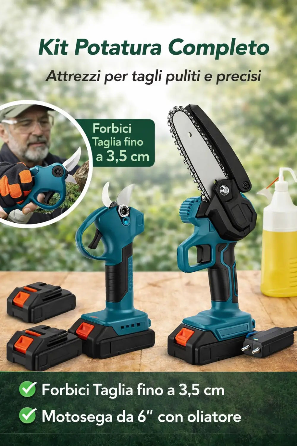 Forbici da Potatura a Batteria + Mini Motosega Elettrica con 2 Batterie 48v.