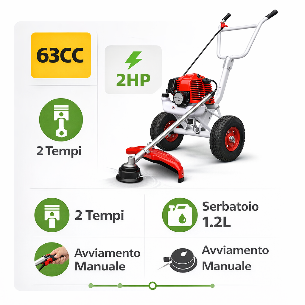 Decespugliatore a  Scoppio con Ruote 63CC, Potente, Preciso e Senza Fatica.