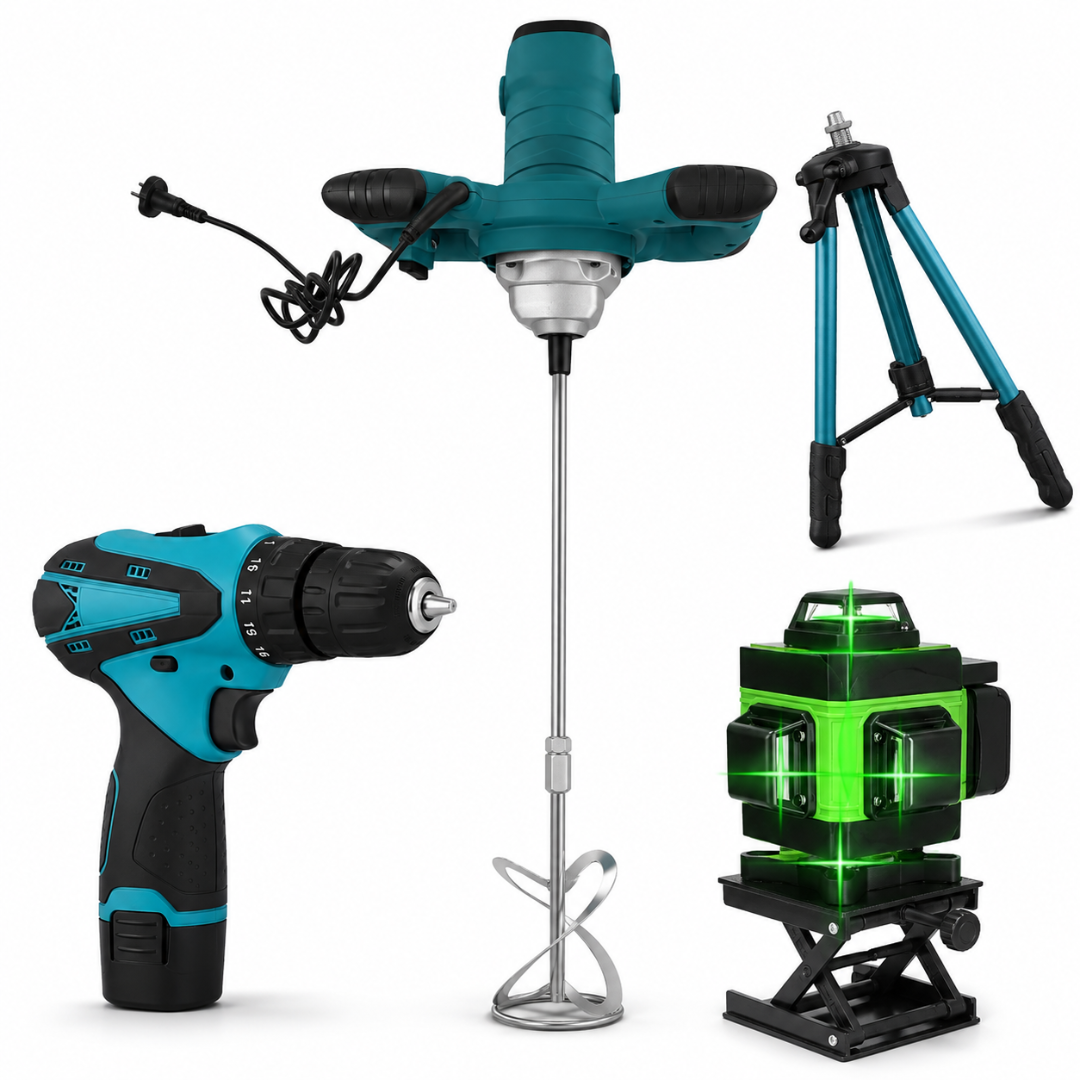 Kit Professionale Fai da Te 3 in 1  Miscelatore 1600W + Livella Laser 4D + Avvitatore con 2 Batterie