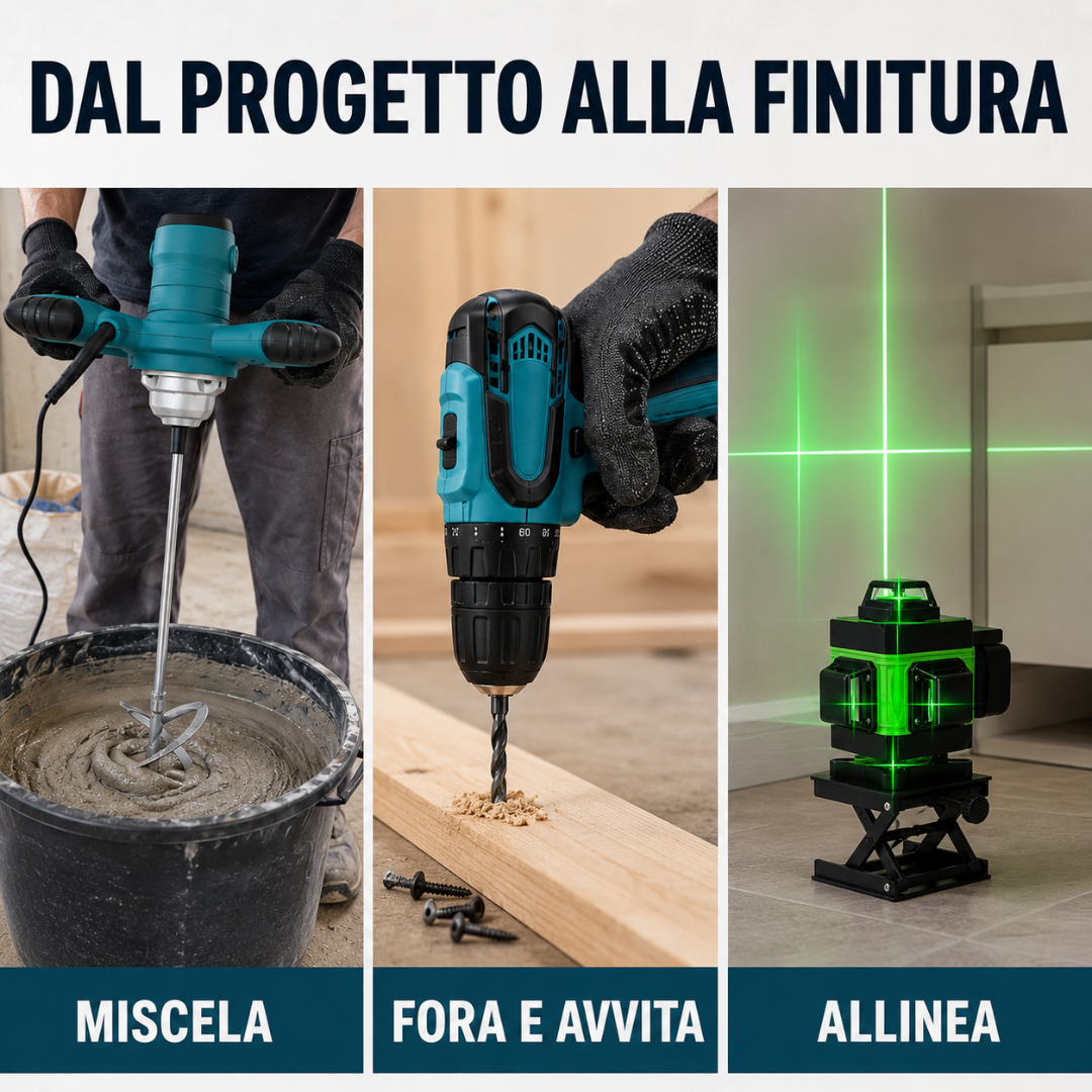 Kit Professionale Fai da Te 3 in 1  Miscelatore 1600W + Livella Laser 4D + Avvitatore con 2 Batterie