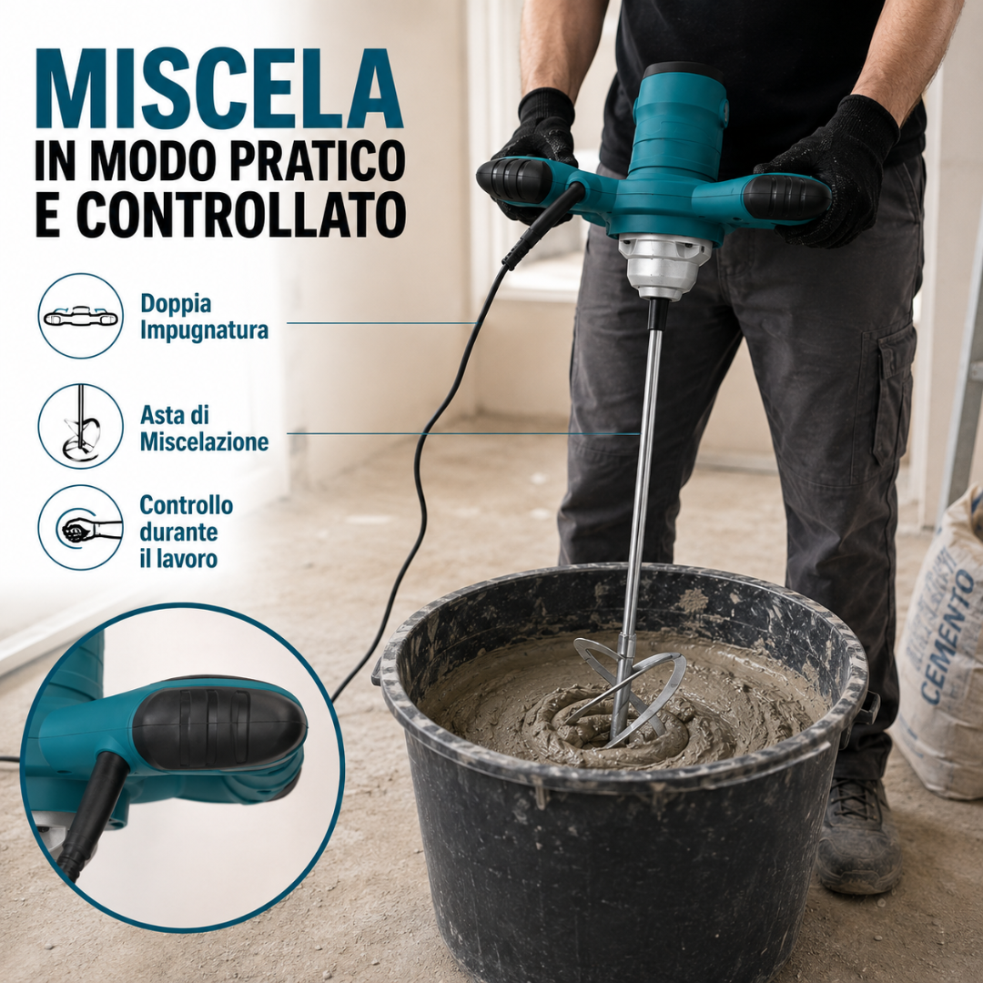 Kit Professionale Fai da Te 3 in 1  Miscelatore 1600W + Livella Laser 4D + Avvitatore con 2 Batterie