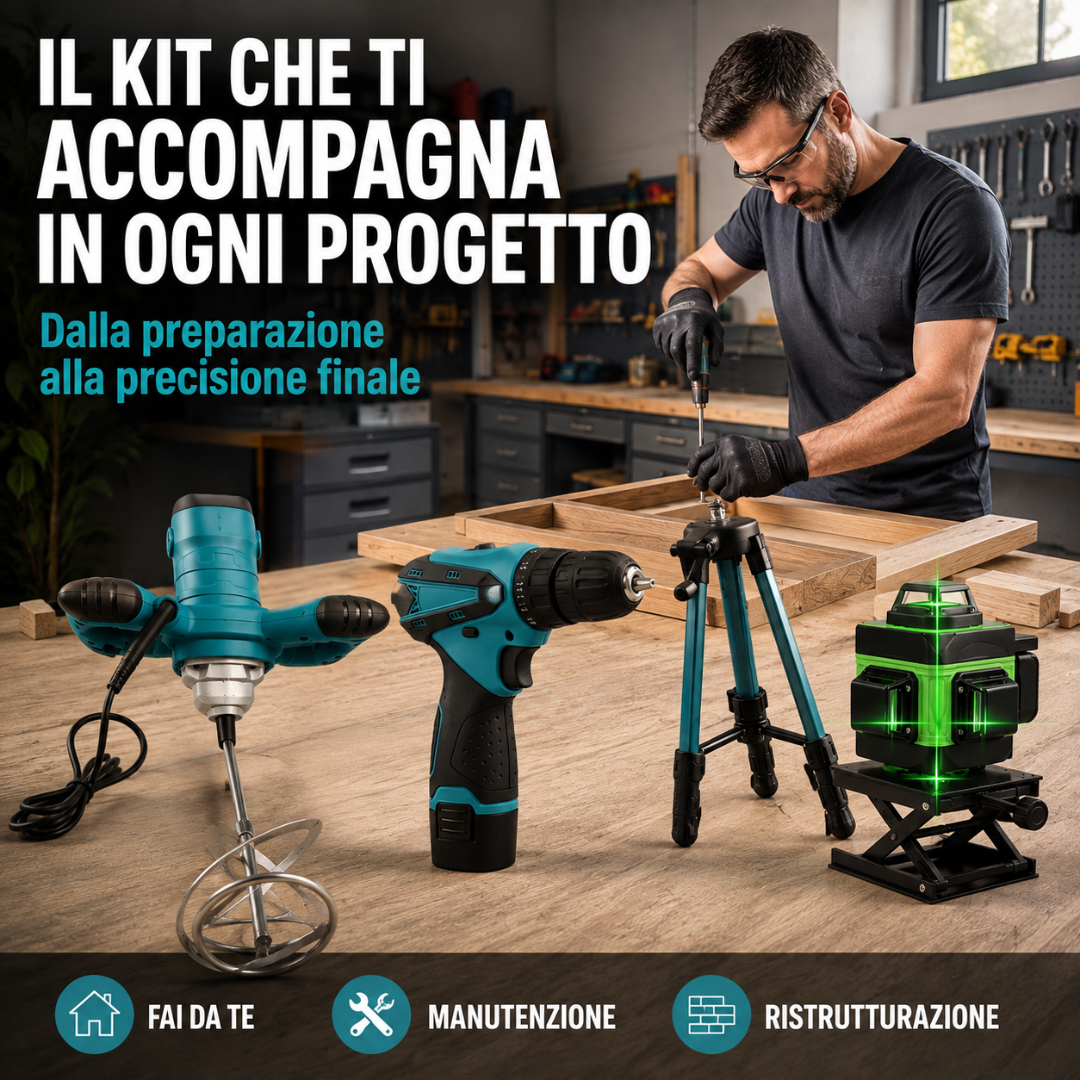 Kit Professionale Fai da Te 3 in 1  Miscelatore 1600W + Livella Laser 4D + Avvitatore con 2 Batterie