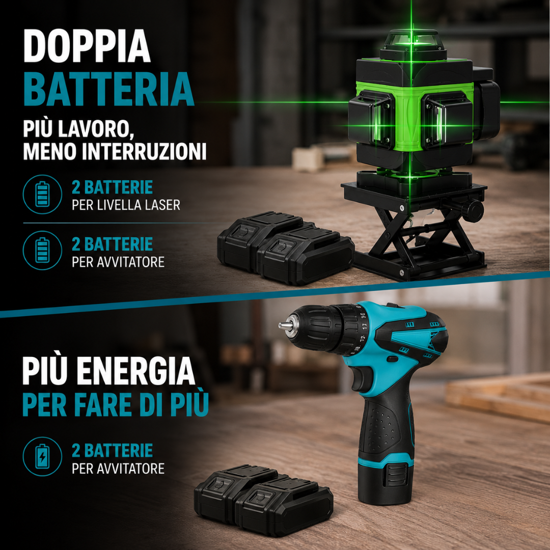 Kit Professionale Fai da Te 3 in 1  Miscelatore 1600W + Livella Laser 4D + Avvitatore con 2 Batterie