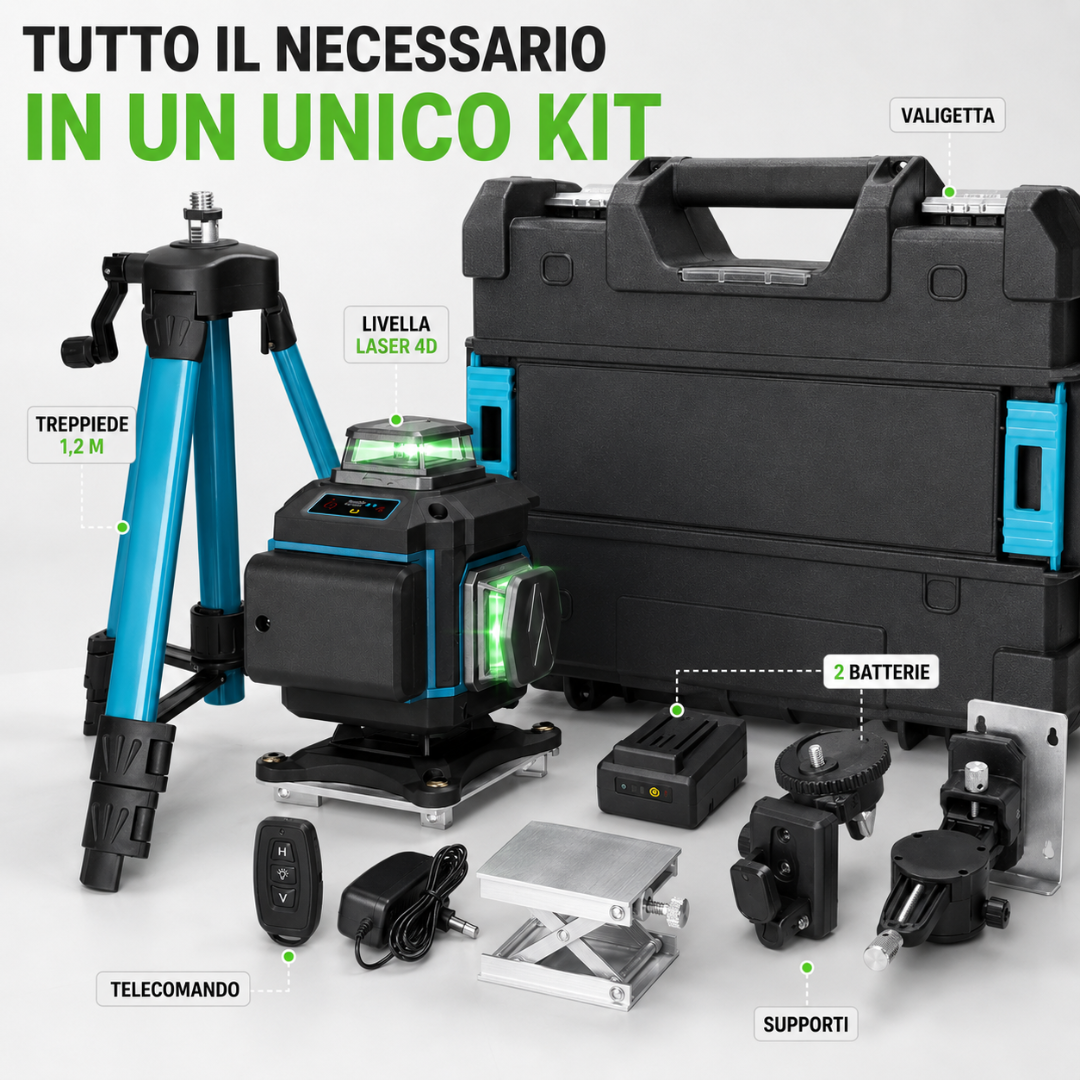 Livella Laser 4D 360° 16 Linee Autolivellante con Treppiede 1,2 m, 2 Batterie, Telecomando e Valigetta