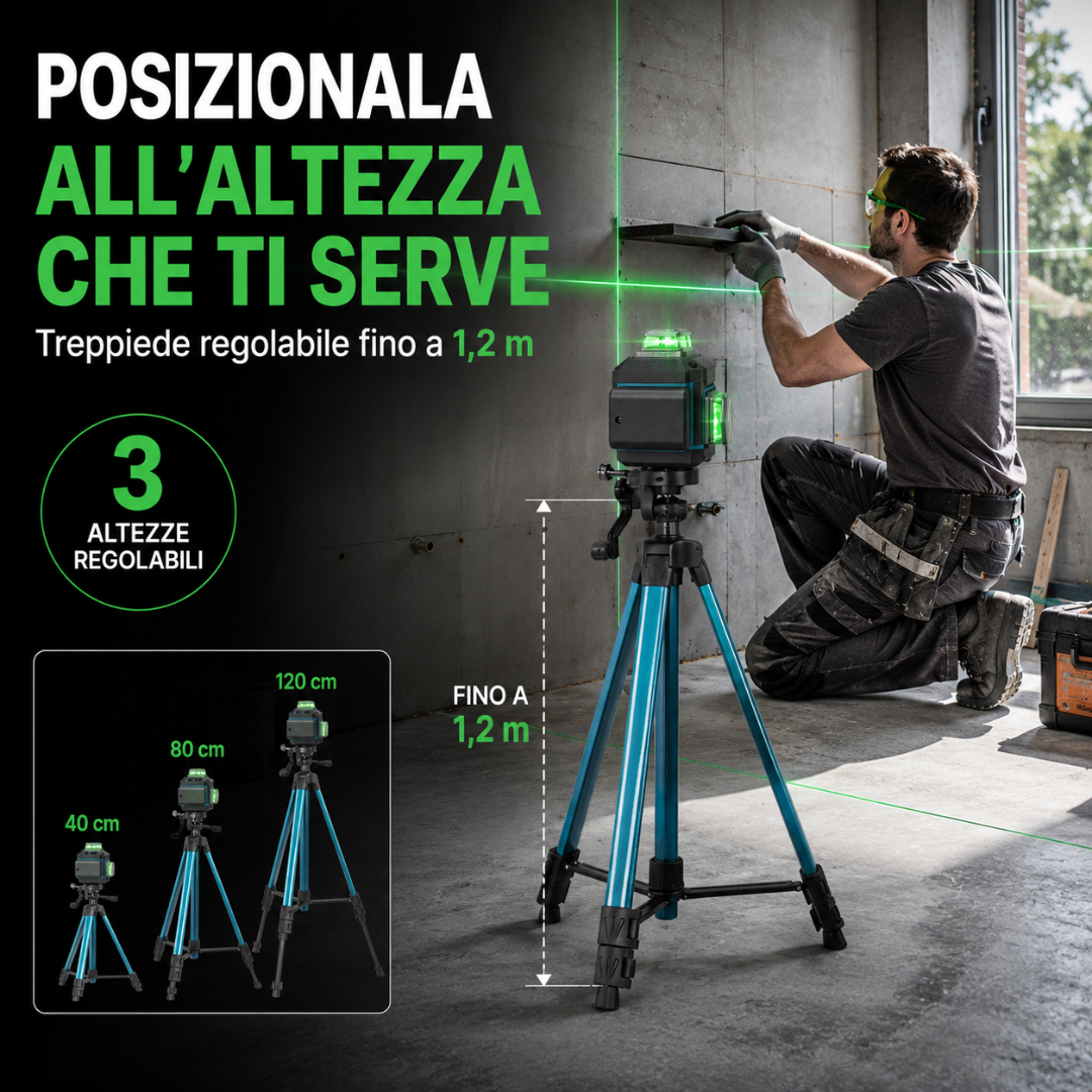Livella Laser 4D 360° 16 Linee Autolivellante con Treppiede 1,2 m, 2 Batterie, Telecomando e Valigetta