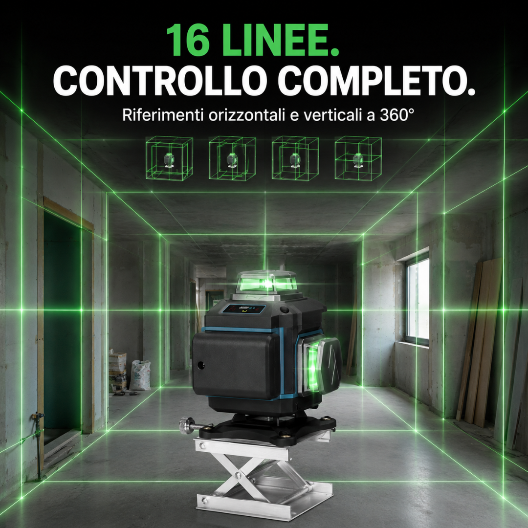 Livella Laser 4D 360° 16 Linee Autolivellante con Treppiede 1,2 m, 2 Batterie, Telecomando e Valigetta