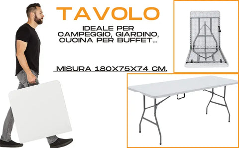 Tavolo Pieghevole Rettangolare 180x75x74 cm in HDPE Tavolo Valigetta Salvaspazio da Giardino Campeggio Picnic Fiera