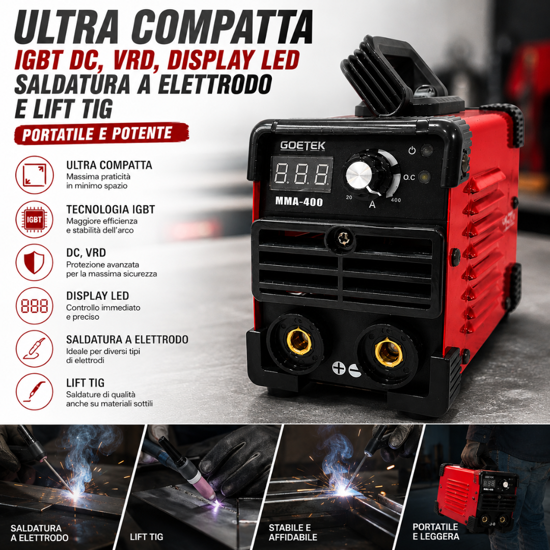 Saldatrice Inverter Mini MMA-400A Ultra Compatta | IGBT DC, VRD, Display LED, MMA e Lift TI