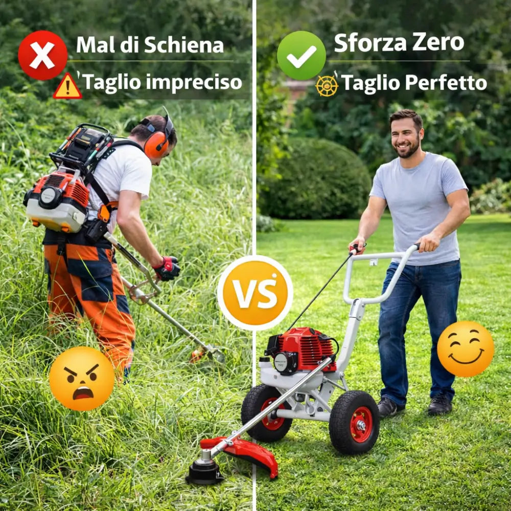 Decespugliatore a Scoppio con Ruote 63CC Potente Preciso e Senza Fatica.