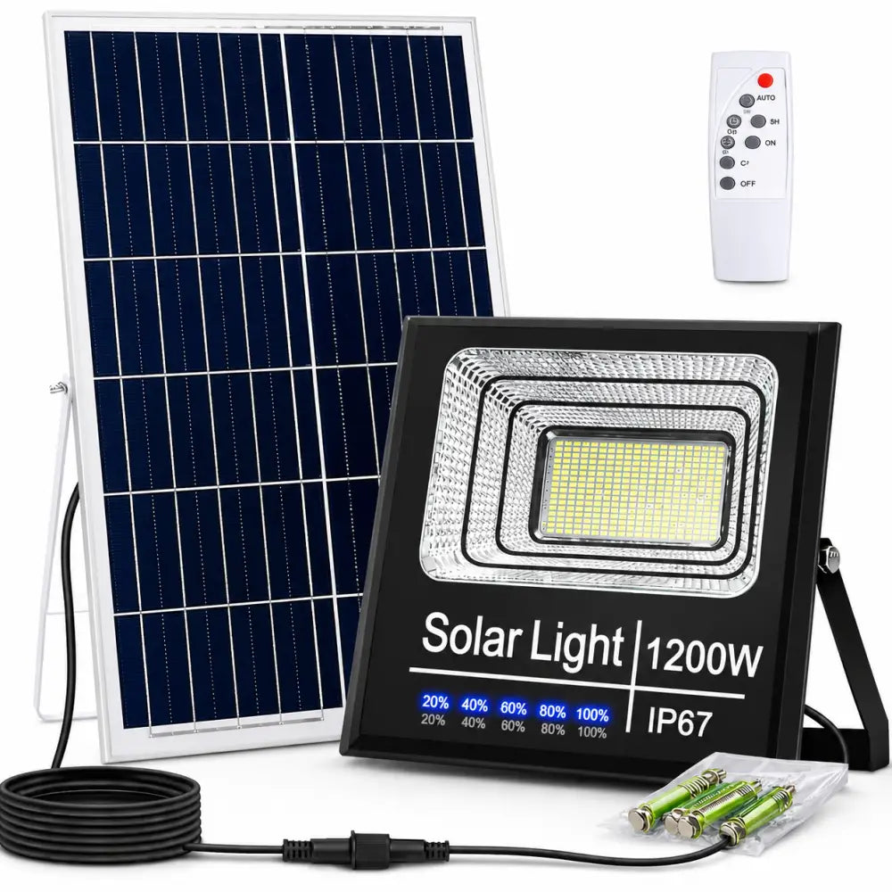 Faro Solare LED 1200W Ultra Potente con Pannello Solare Telecomando e Sensore Crepuscolare IP67 da Esterno. - faro