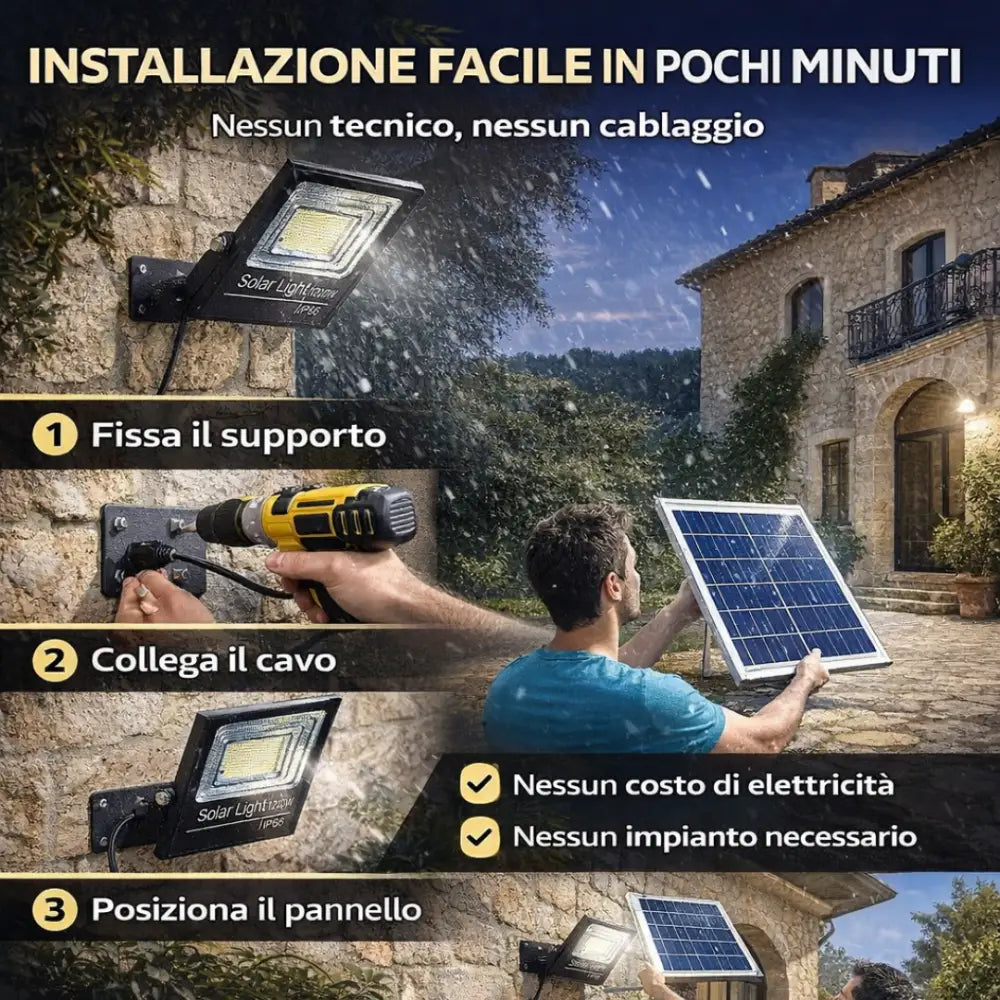 Faro Solare LED 1200W Ultra Potente con Pannello Solare Telecomando e Sensore Crepuscolare IP67 da Esterno. - faro
