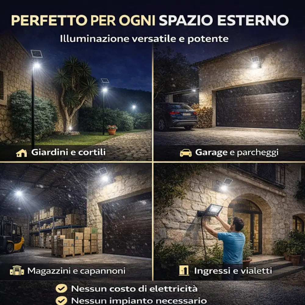 Faro Solare LED 1200W Ultra Potente con Pannello Solare Telecomando e Sensore Crepuscolare IP67 da Esterno. - faro