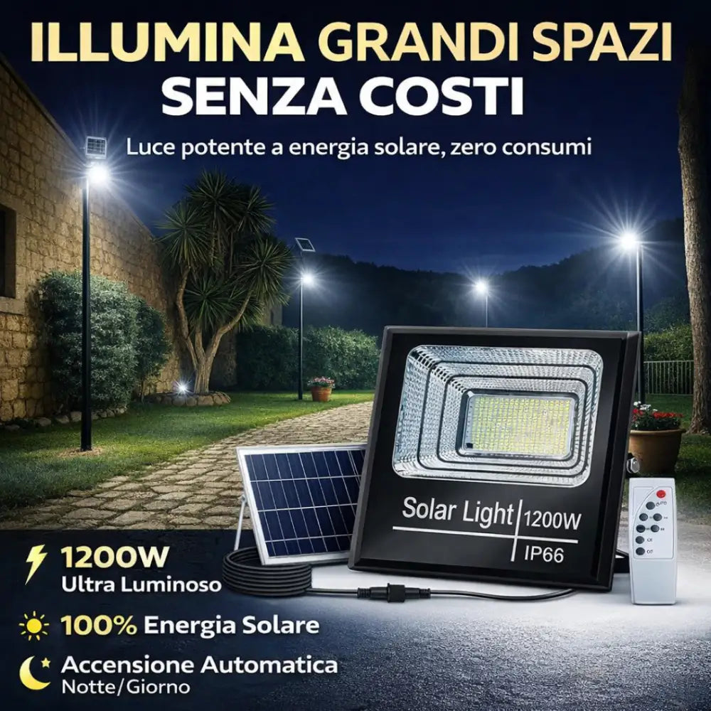 Faro Solare LED 1200W Ultra Potente con Pannello Solare Telecomando e Sensore Crepuscolare IP67 da Esterno. - faro