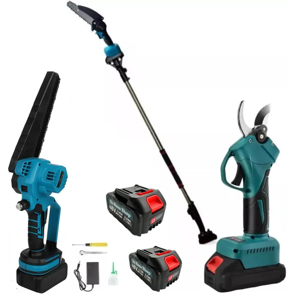 Forbice da Potatura a Batteria + Motosega a Batteria 6 Pollici con Oliatore incluso Asta telescopica - Forbice