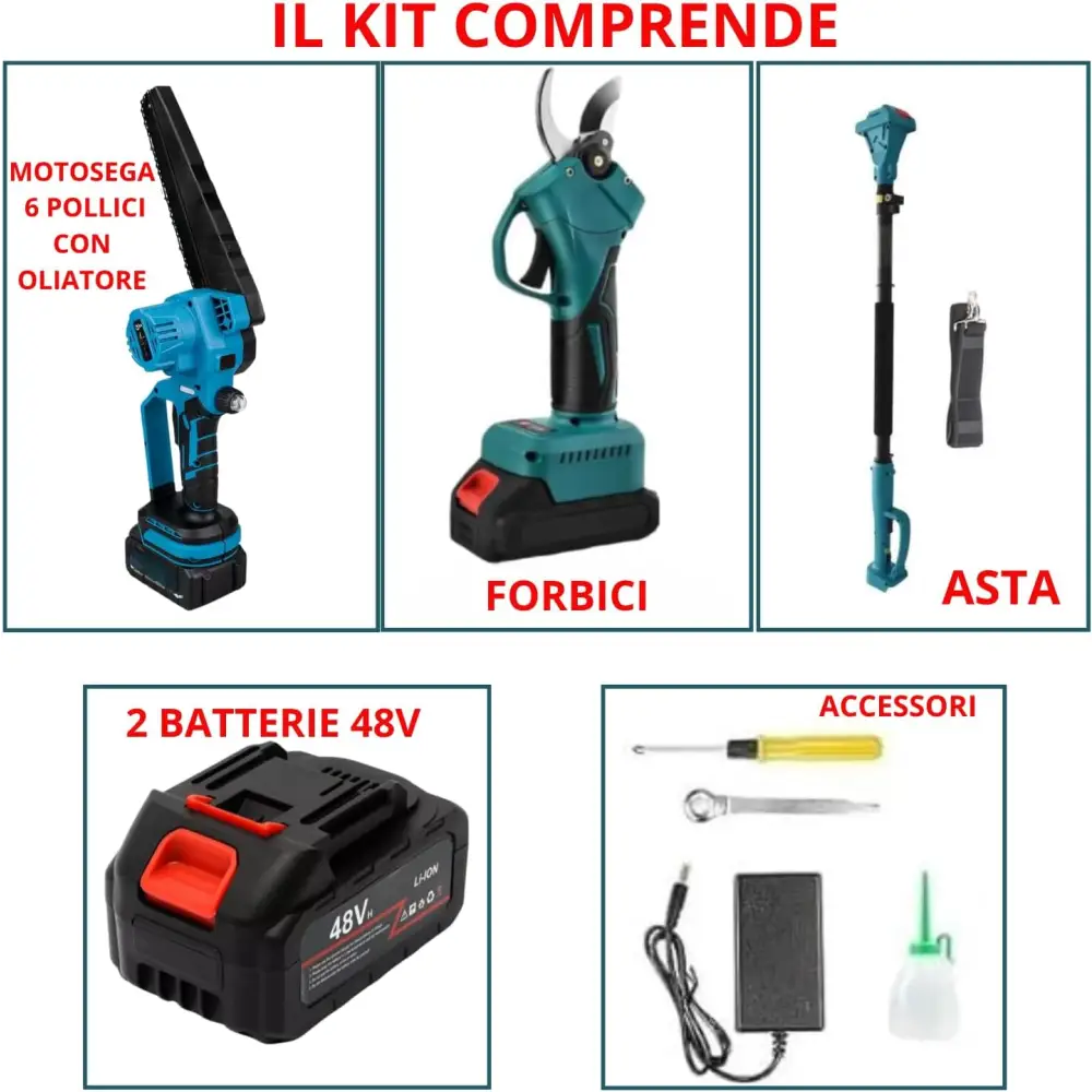 Forbice da Potatura a Batteria + Motosega a Batteria 6 Pollici con Oliatore incluso Asta telescopica - Forbice