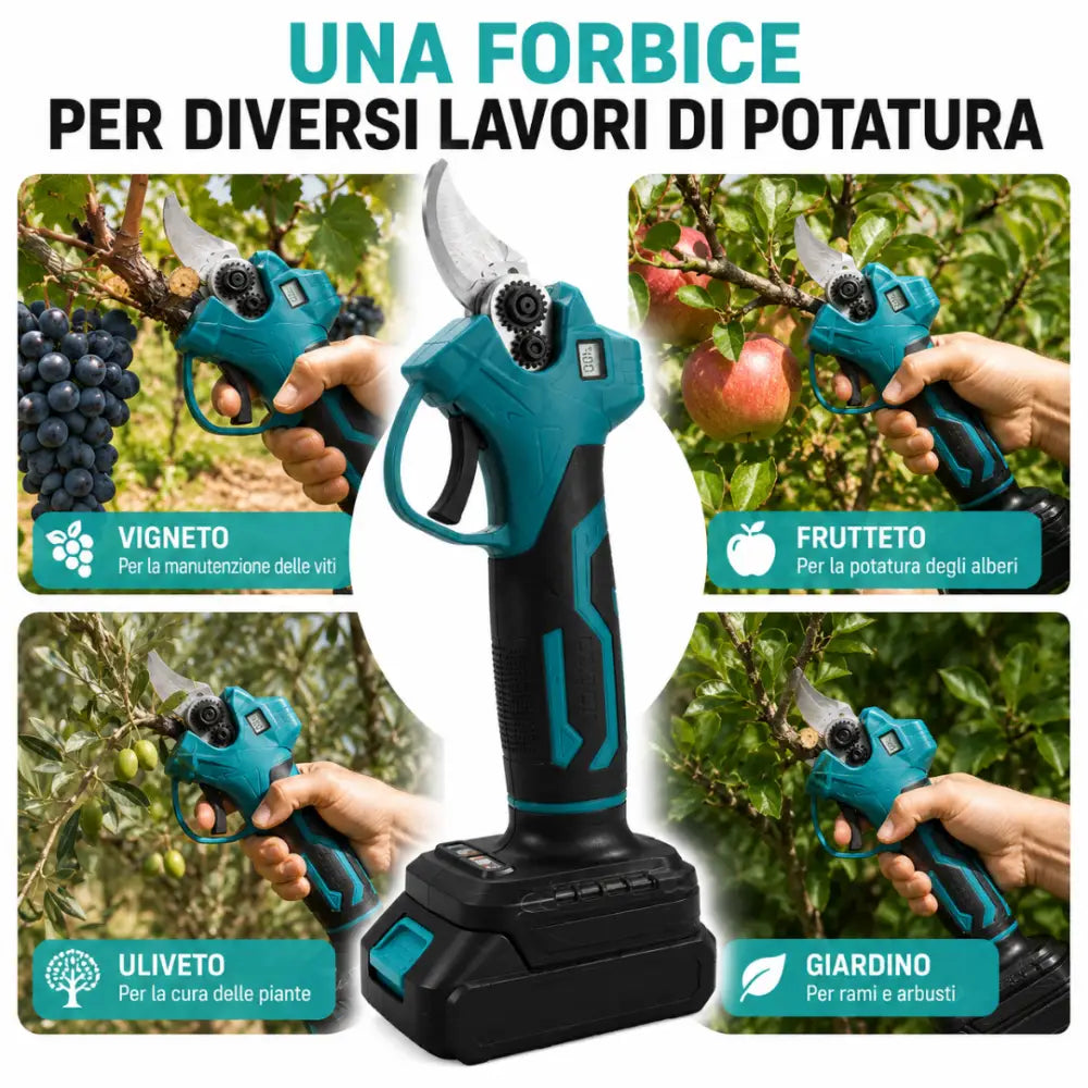 Forbici da Potatura a Batteria 48V con Display Digitale e 2 Batterie Trincia Rami.