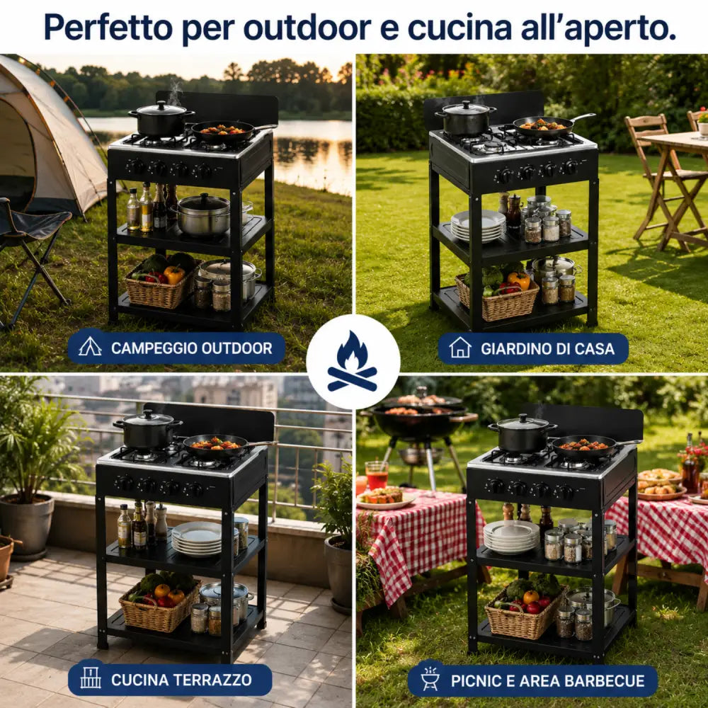 Fornello a Gas 4 Fuochi AMC da Esterno con Ripiani Cucina Outdoor Professionale in Offerta