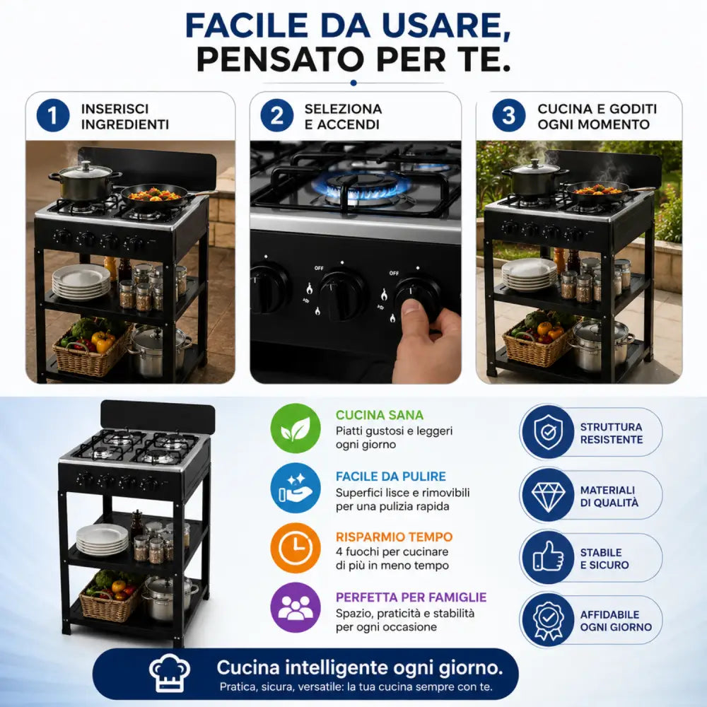 Fornello a Gas 4 Fuochi AMC da Esterno con Ripiani Cucina Outdoor Professionale in Offerta - FORNELLO A GAS