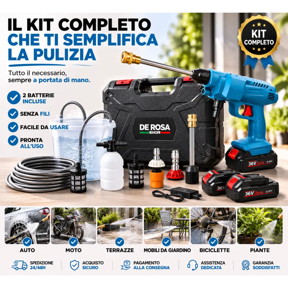 Idropulitrice Portatile a Batteria con 2 Batterie Tubo da 5 Metri e Ugelli Aspira Acqua dal Secchio. - Idropulitrice