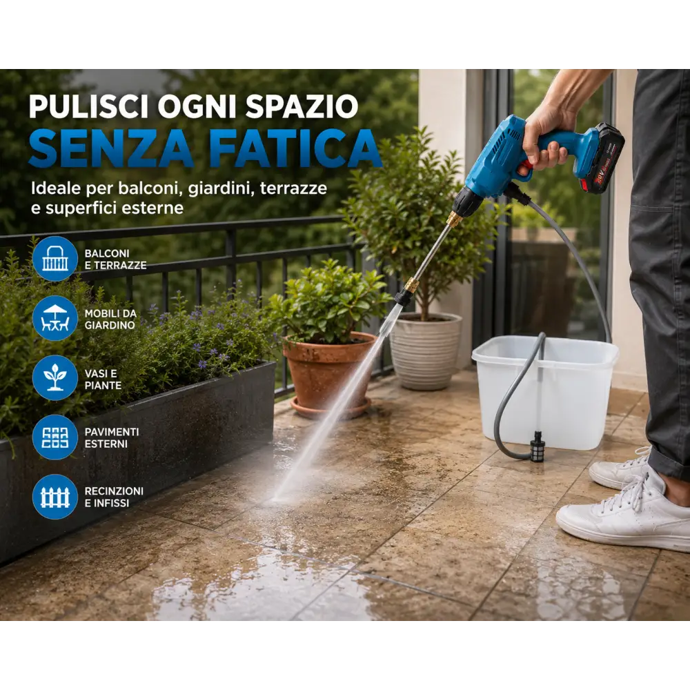 Idropulitrice Portatile a Batteria con 2 Batterie Tubo da 5 Metri e Ugelli Aspira Acqua dal Secchio. - Idropulitrice