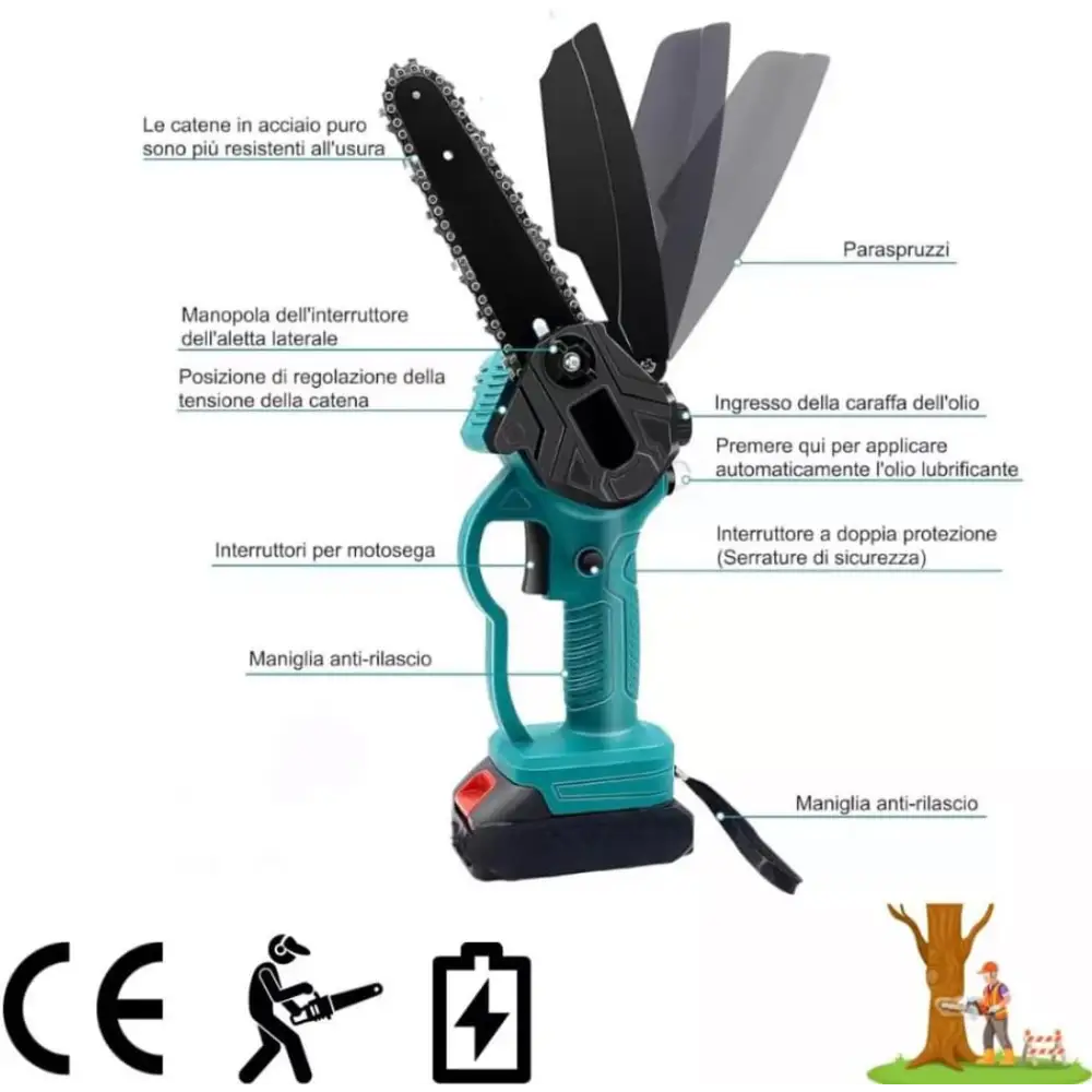 Kit Potatura 3 in 1 a Batteria 48V con 2 Batterie Forbice Elettrica + Mini Motosega 6 con Oliatore + Decespugliatore