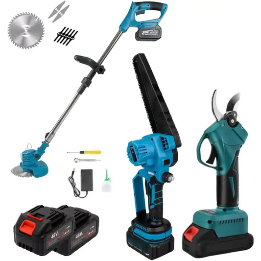 Kit Potatura 3 in 1 a Batteria 48V con 2 Batterie Forbice Elettrica + Mini Motosega 6 con Oliatore + Decespugliatore