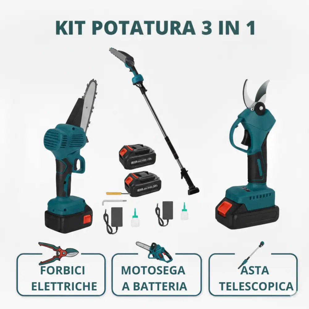 Kit Potatura 3 in 1 - Forbice a Batteria e Motosega 6 Pollici Elettrica con Asta Telescopica 128-248cm Set