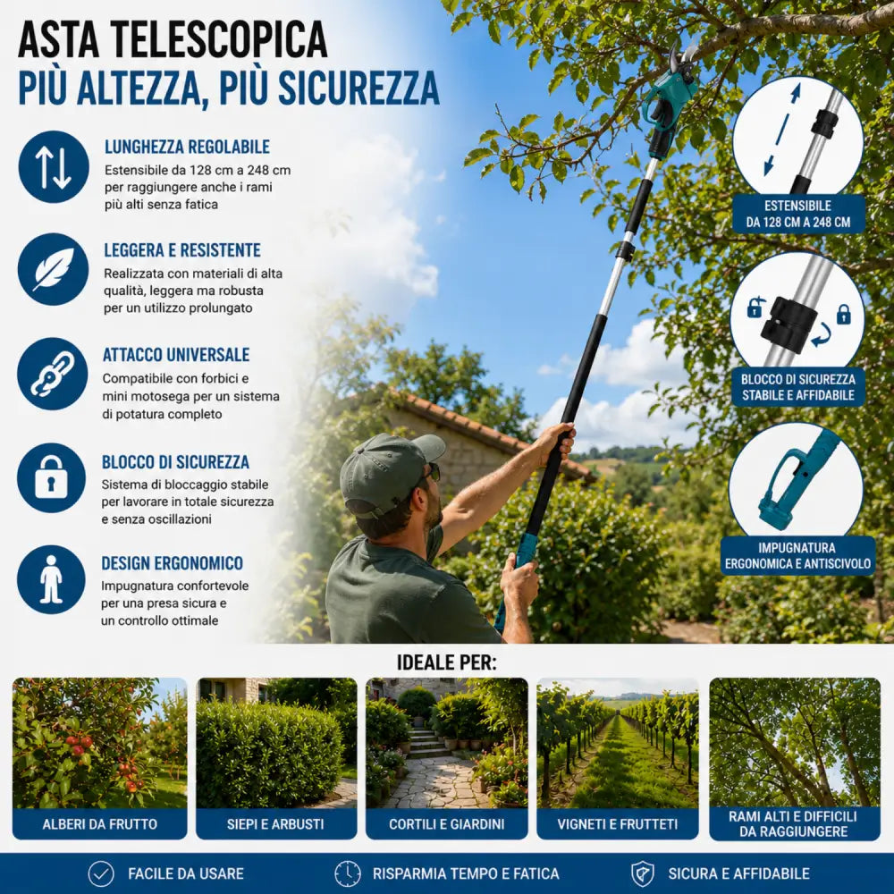Kit Potatura 3 in 1 - Forbice a Batteria e Motosega 8 Pollici Elettrica con Asta Telescopica 128-248cm Set