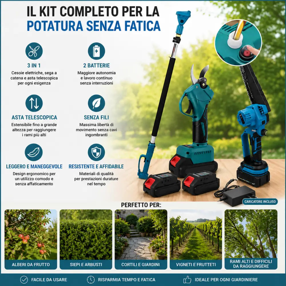 Kit Potatura 3 in 1 - Forbice a Batteria e Motosega 8 Pollici Elettrica con Asta Telescopica 128-248cm Set