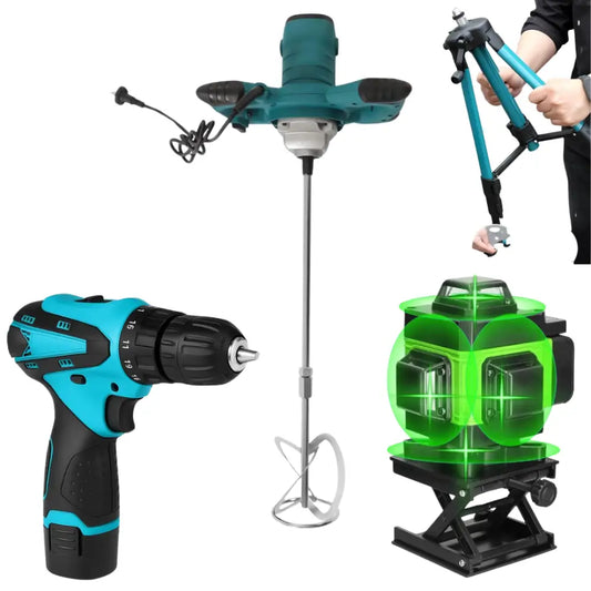Kit Professionale 3 in 1 Miscelatore Malta e Cemento 1600W 6 Velocità M14 + Livella Laser 4D 16 Linee Autolivellante