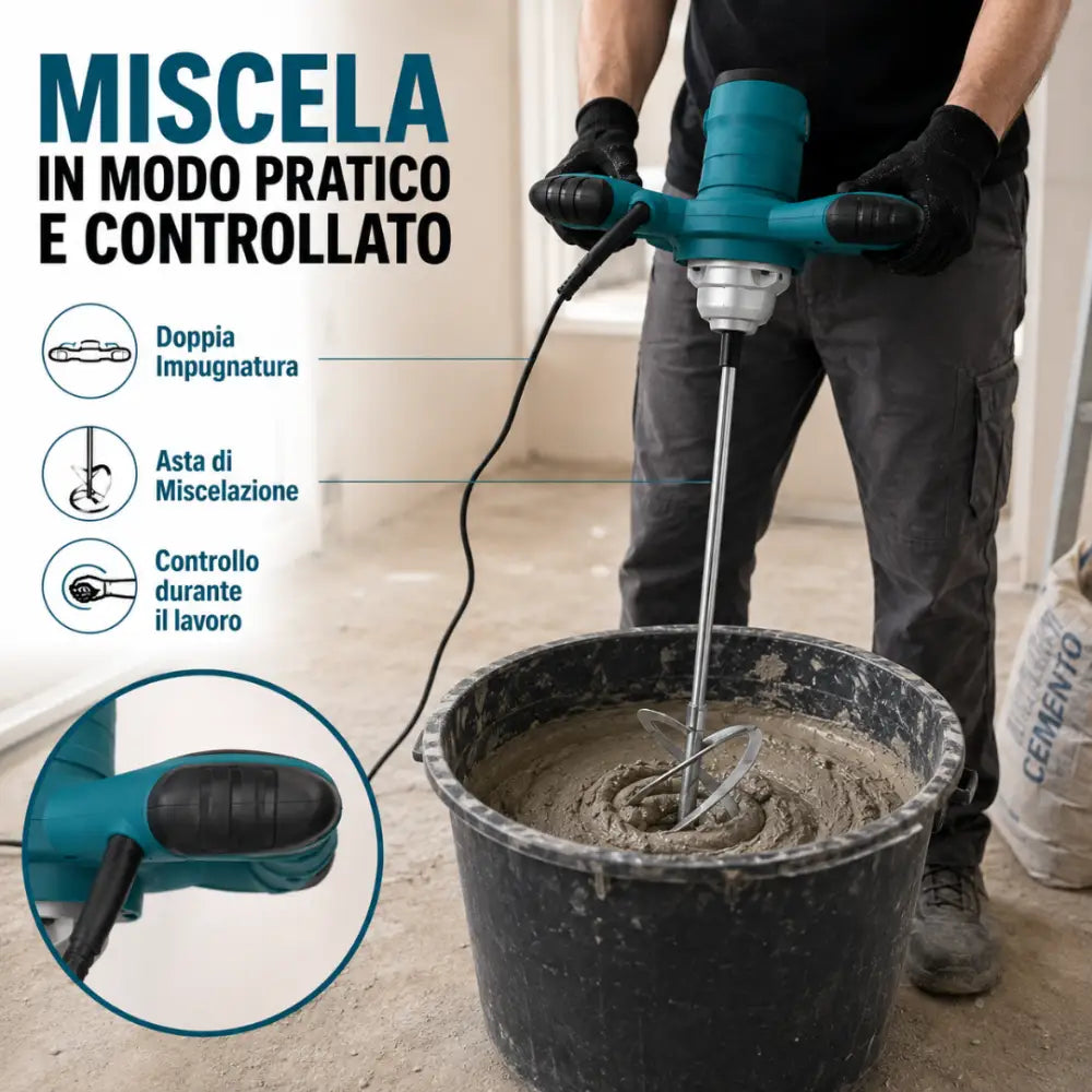 Kit Professionale Fai da Te 3 in 1 Miscelatore 1600W + Livella Laser 4D + Avvitatore con 2 Batterie - Kit Cemento: