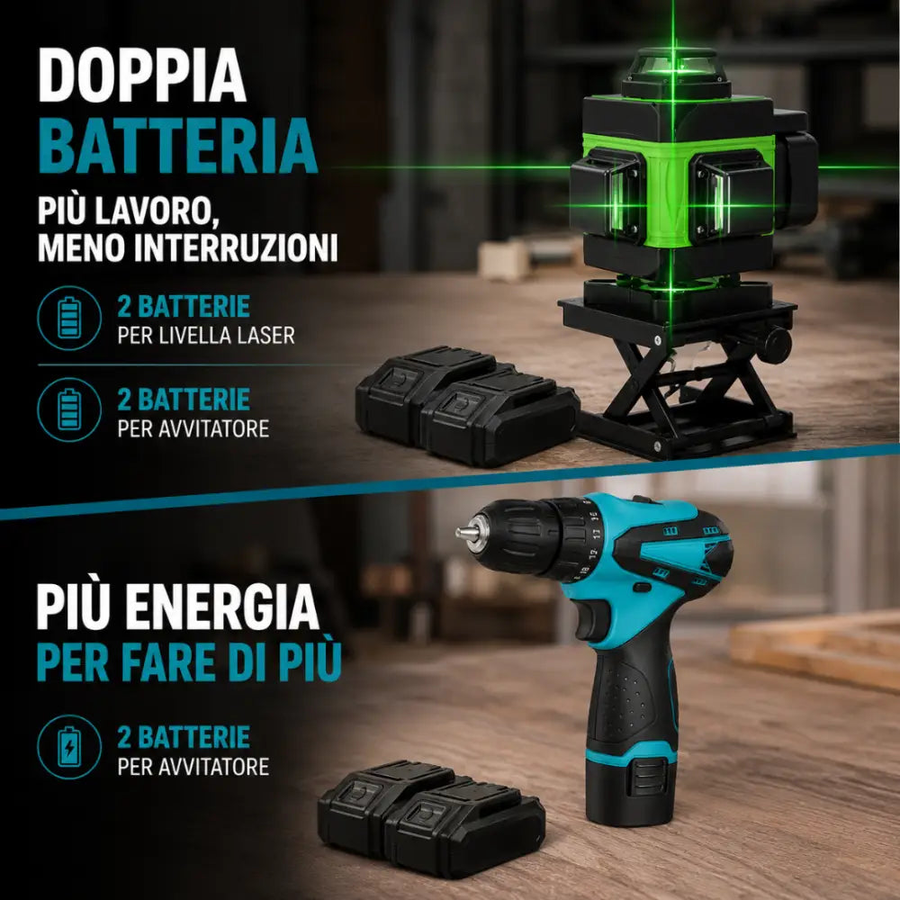 Kit Professionale Fai da Te 3 in 1 Miscelatore 1600W + Livella Laser 4D + Avvitatore con 2 Batterie - Kit Cemento: