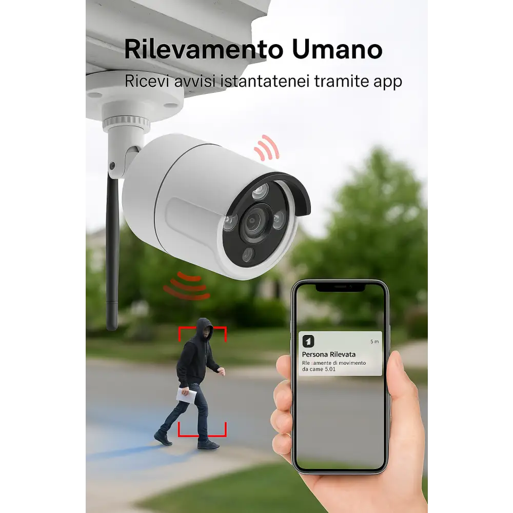 Kit Videosorveglianza Wireless HD 4 Telecamere WiFi Sistema IP Remoto con NVR Supporto 5G e Connessione LAN Sistema