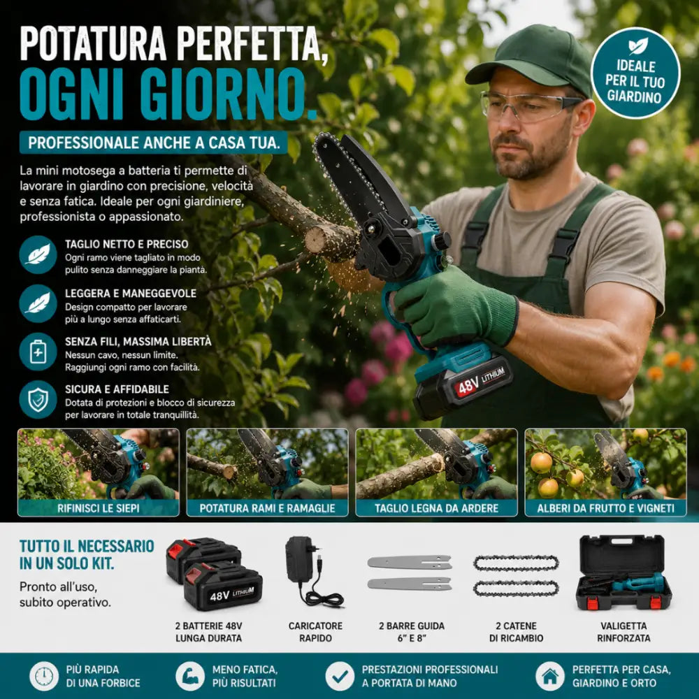 Mini motosega a batteria con barre da 6’’ e 8’’ con 2 batterie 48V e oliatore automatico. - Motosega a batteria