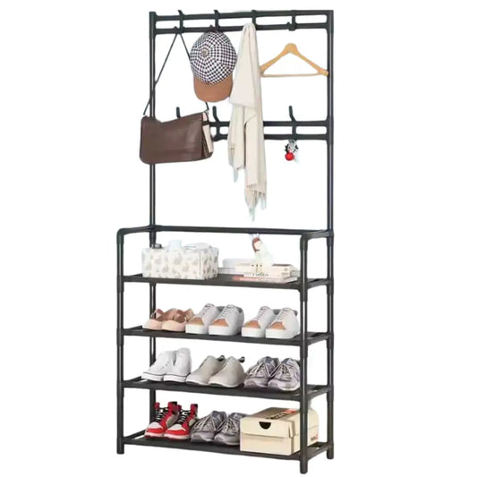 Mobile Salvaspazio con Mensole e Ganci Appendiabiti e Organizzatore per Scarpe in Tessuto | Soluzione Pratica