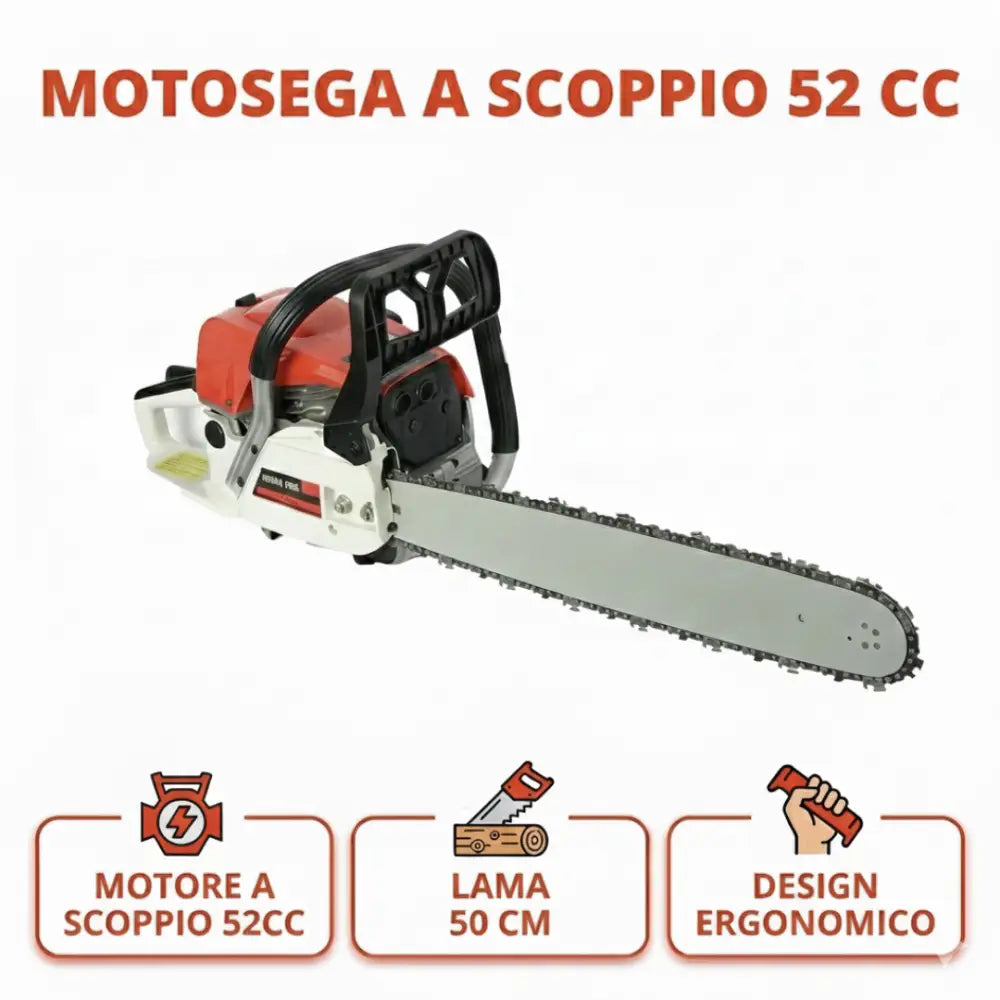 Motosega 52cc a Scoppio Professionale – Alte Prestazioni per Taglio Legna e Potatura - Motosega a Scoppio