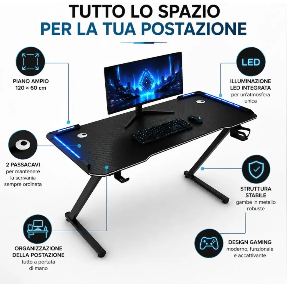 Scrivania Gaming 120x60 cm con LED RGB Tavolo PC Effetto Fibra di Carbonio con Porta Cuffie e Porta Bicchiere